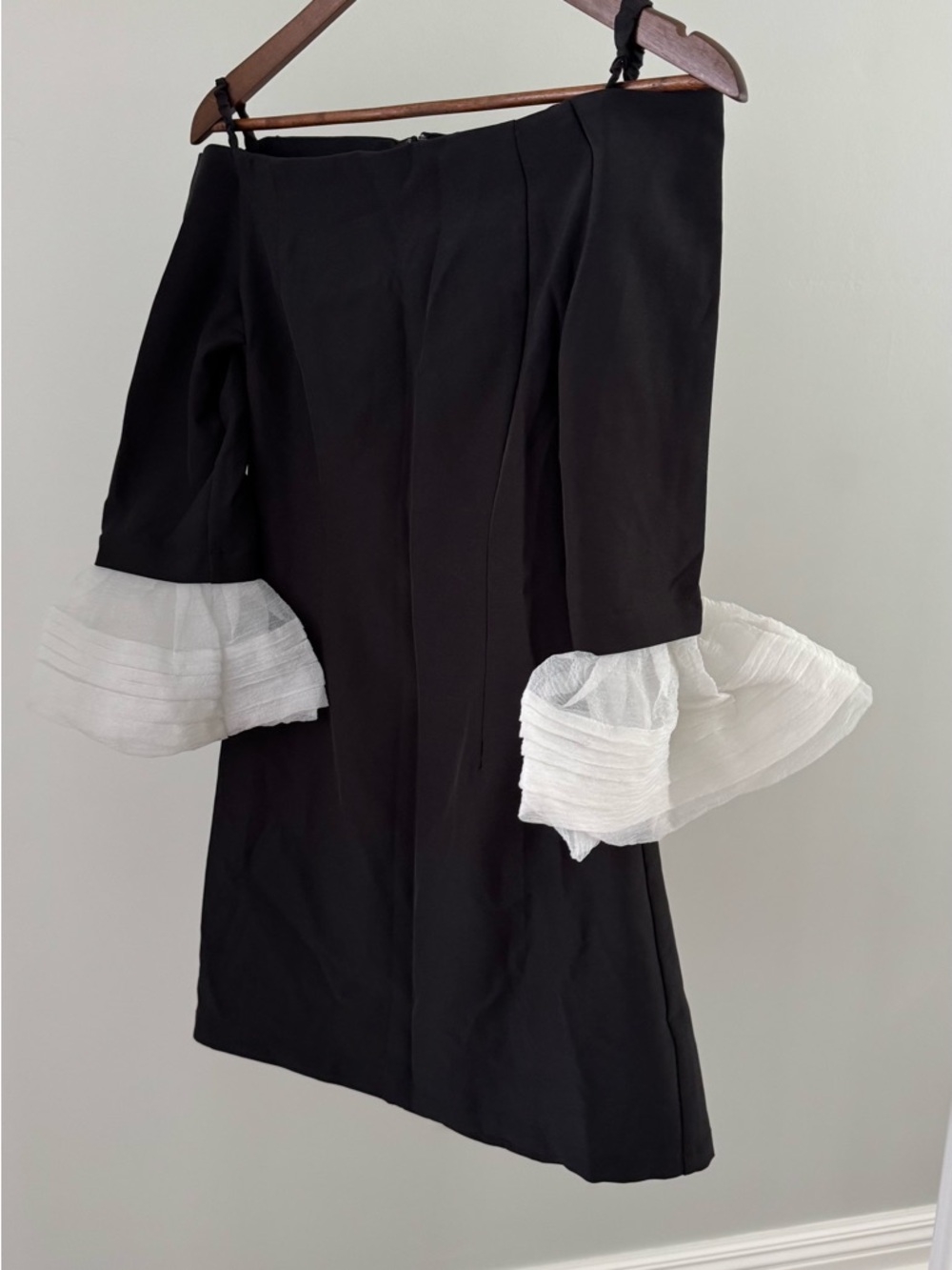 Ina Black Off-Shoulder Dress with White Tiered Ruffle Sleeves